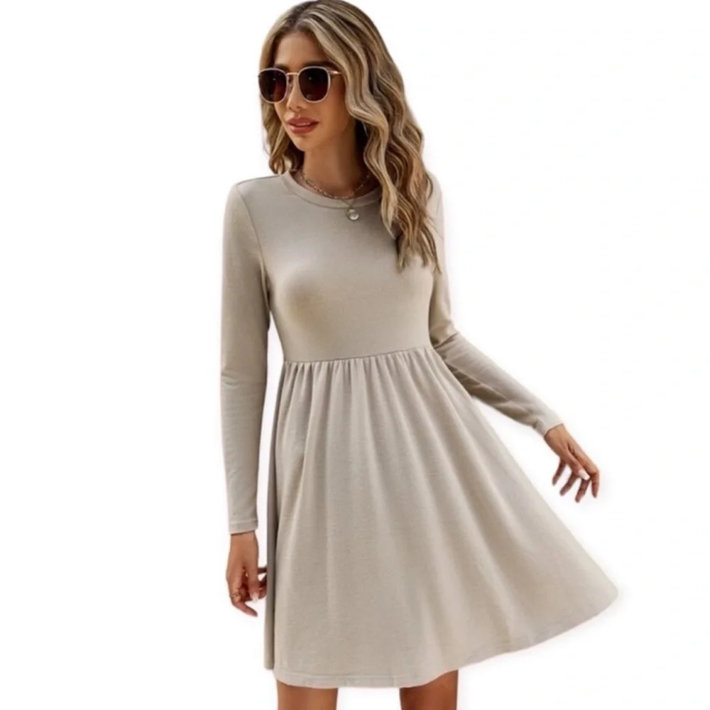 NWT Emery Rose Tan Long Sleeve Solid A-Line Dress size women’s large 8 / 10